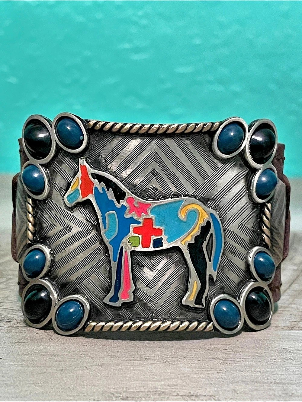 Augus Western Horse Buckle Belt in Brown & Blue